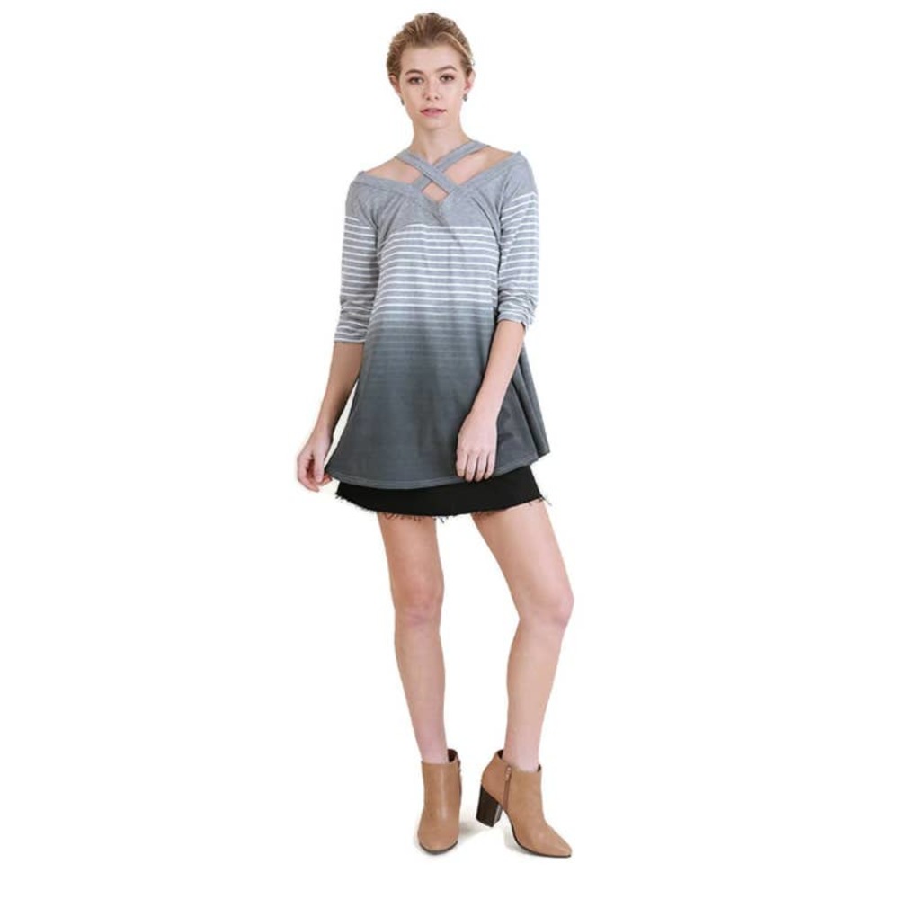 UMGEE Gray Ombre Striped Washed Bohemian Style Tunic Top Womans Size Medium